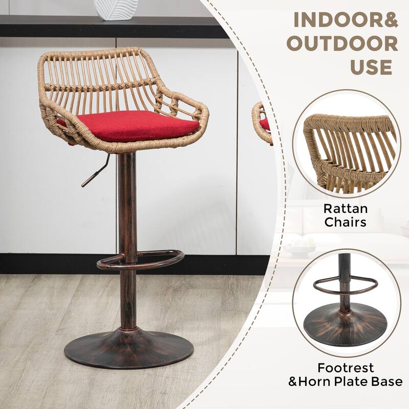 360° Swivel Bar Stools Set of 2, Adjustable Counter Height Chairs with Footrest, Rattan Bar Chairs with Cushions