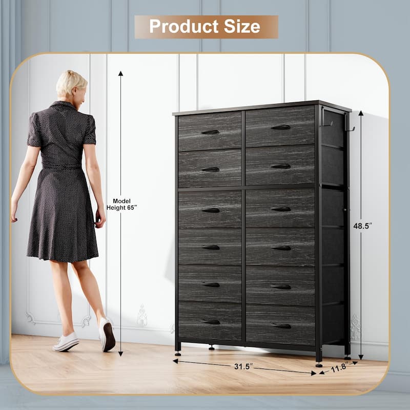 12 Drawer Dresser Tall Fabric Chests of Drawers Closet for Bedroom