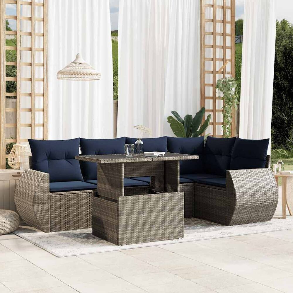 vidaXL 6 Piece Patio Sofa Set with Cushions Black/Brown/Gray Poly Rattan