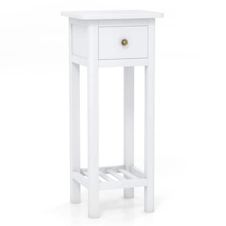 2-Tier Rustic Wood Small Vintage Side Table with Storage for Bedroom Living Room or Office Use - 16" x 16" x 35" (L x W x H) - White