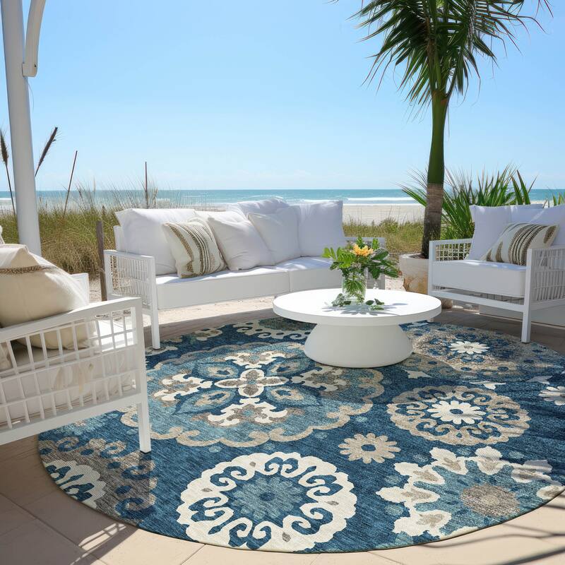 Machine Washable Indoor/ Outdoor Chantille Casual Medallion Rug - Blue - 8' x 8'