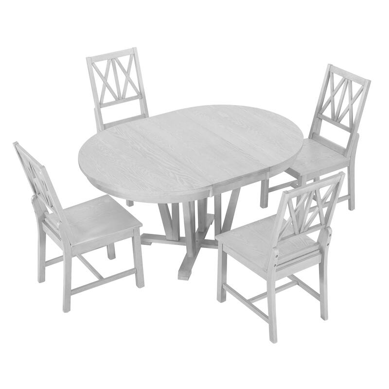 Extendable Dining Table Set Round Trestle Table and 4 Cross Back Dining Chairs