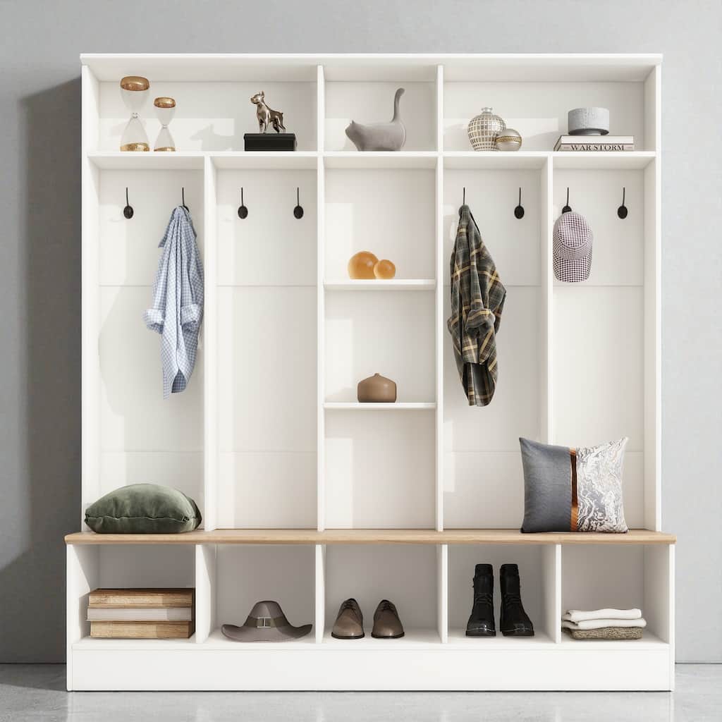 66.9" Wide Hall Tree with Storage Bench, Cube Shoe Cabinet, Shelves, and 8 Hooks for Entryway or Mudroom