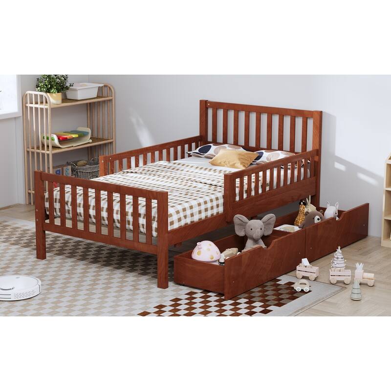 Twin Size Pinewood Platform Bed with Dual Guardrails, 2 Storage Drawers and 300lb Capacity