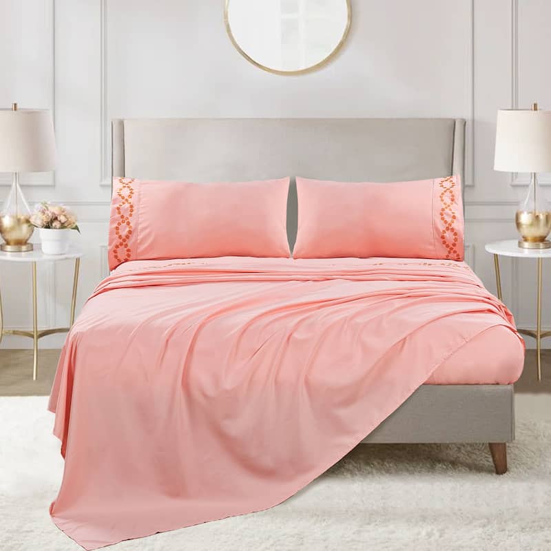 Serenta 4-piece Luxury Embroidered Bed Sheet Set - Twin - Rose Quartz