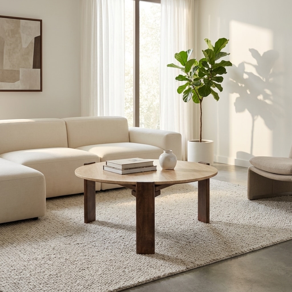 Modern Round Travertine and Wood Coffee Table - 37", Brown & Tan - 36.25"