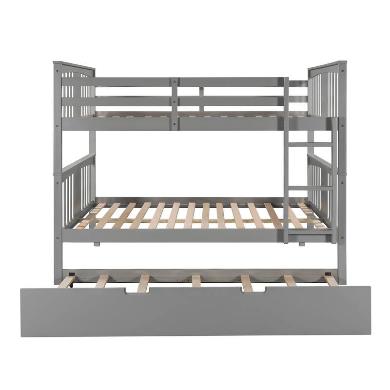 Full Bunk Bed with Twin Trundle, Wood Frame, Safety Rails, and Ladder
