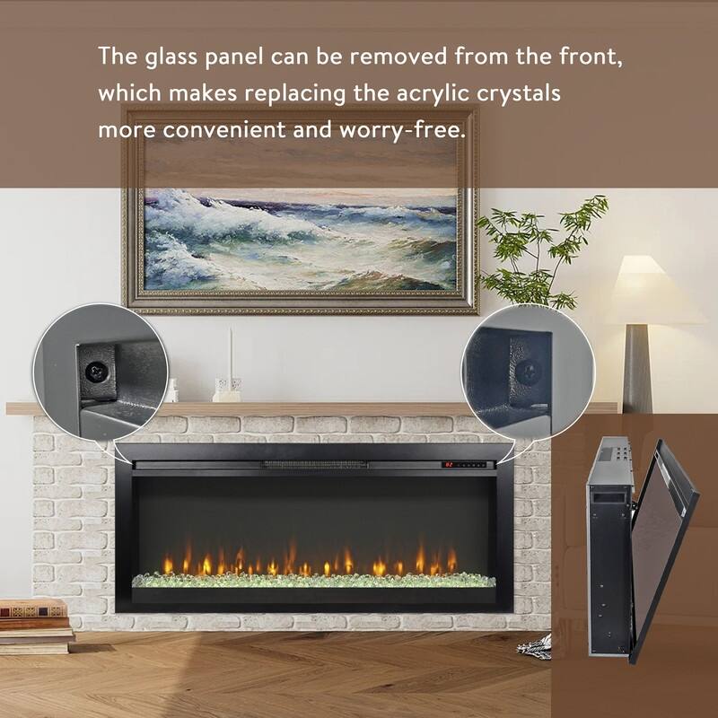44 in. Wall Mount Recess Tempered Glass Electric Fireplace with remote multi color,LED light heater in Black
