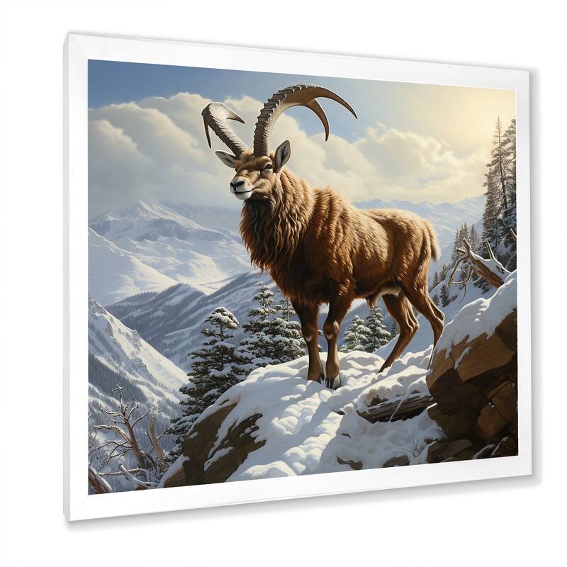 Designart "Minimalist Goat Winter Mountain Adventure" Goat Wall Decor Brown Modern Entryway Framed Wall Art Print