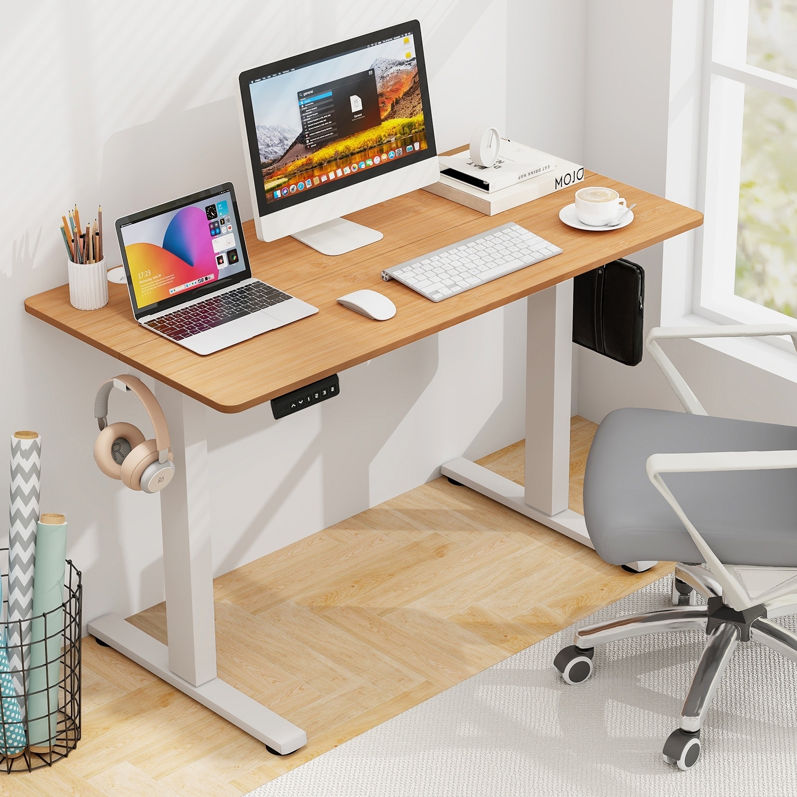 Electric Standing Desk with 3 Memory Height Settings and 2 Hanging Hooks & Cable Management