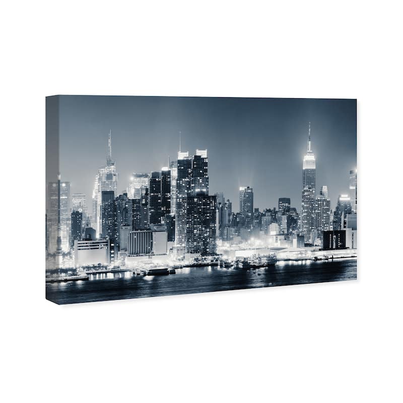 Wynwood Studio Canvas Cities and Skylines Bay at Night Black and Neon White Modern & Contemporary Wall Art Canvas Print