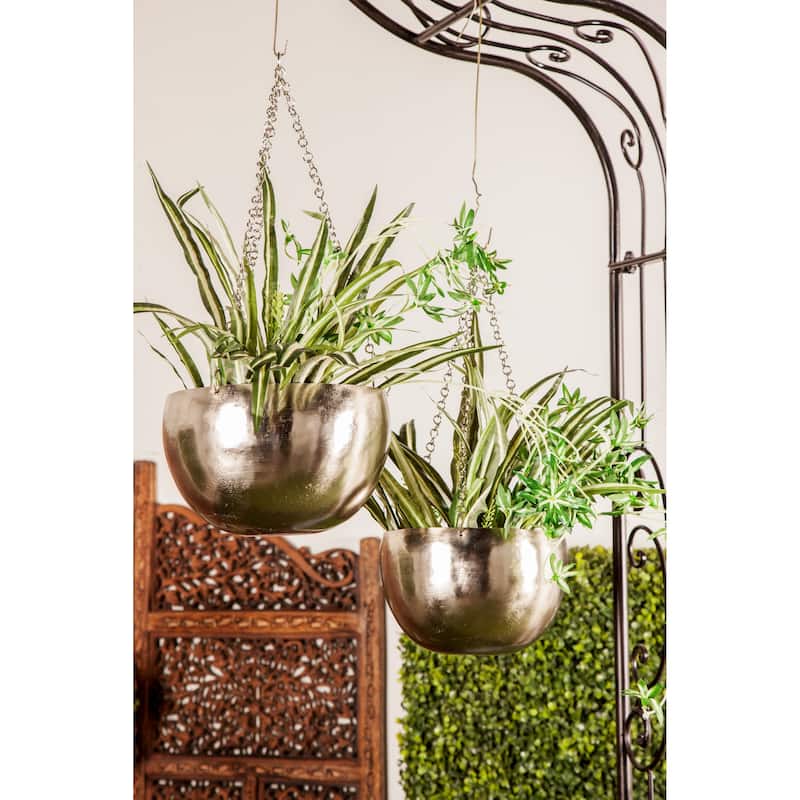 Black, Gold or Silver Metal Indoor Outdoor Hanging Dome Wall Planter with Chain (Set of 2)