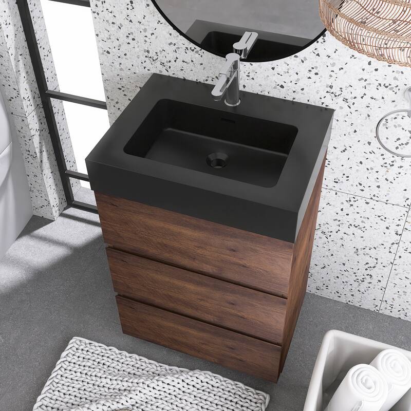 Freestanding Bathroom Vanity with Black Solid Surface Top
