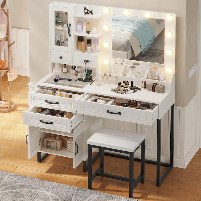 Vanity Desk Set 10 Hollywood Lights Mirror Bench Charging Station - Black