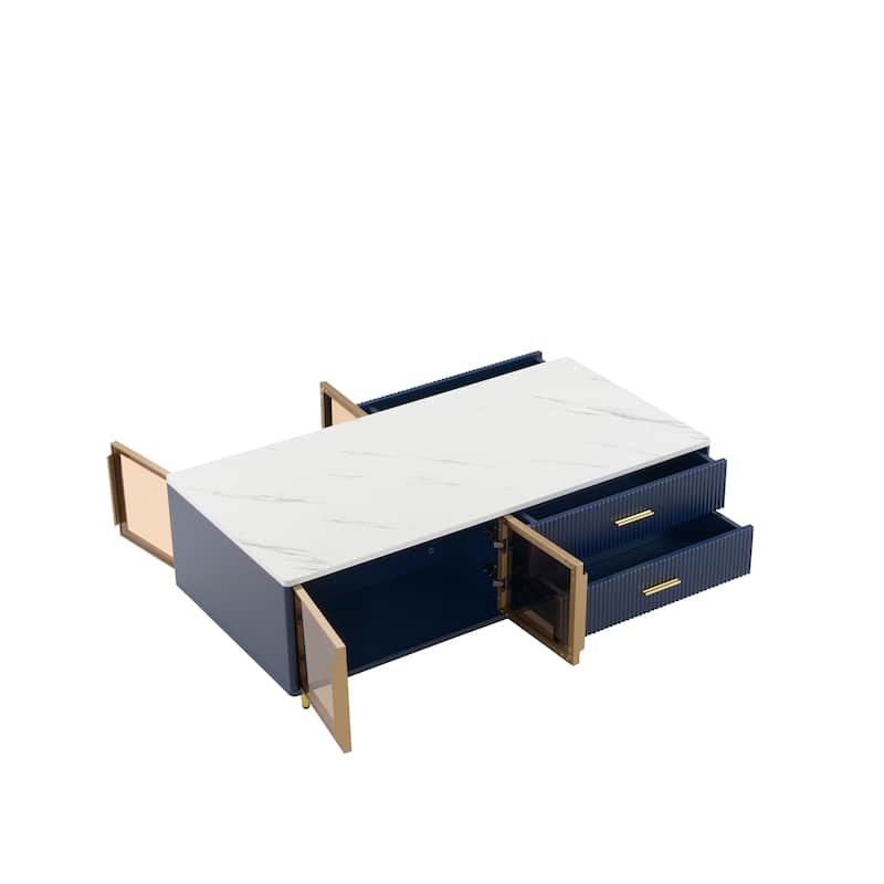Modern 47.2" Coffee Table with 2 Glass Door Storage, 4 Drawers, Wooden Decorative Cocktail Table with Gold Metal Legs