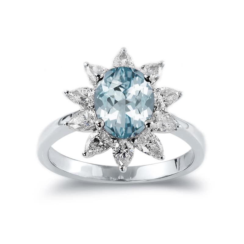Auriya 1ct Oval-cut Aquamarine Sunburst Halo Diamond Engagement Ring 3/4ctw 18K Gold