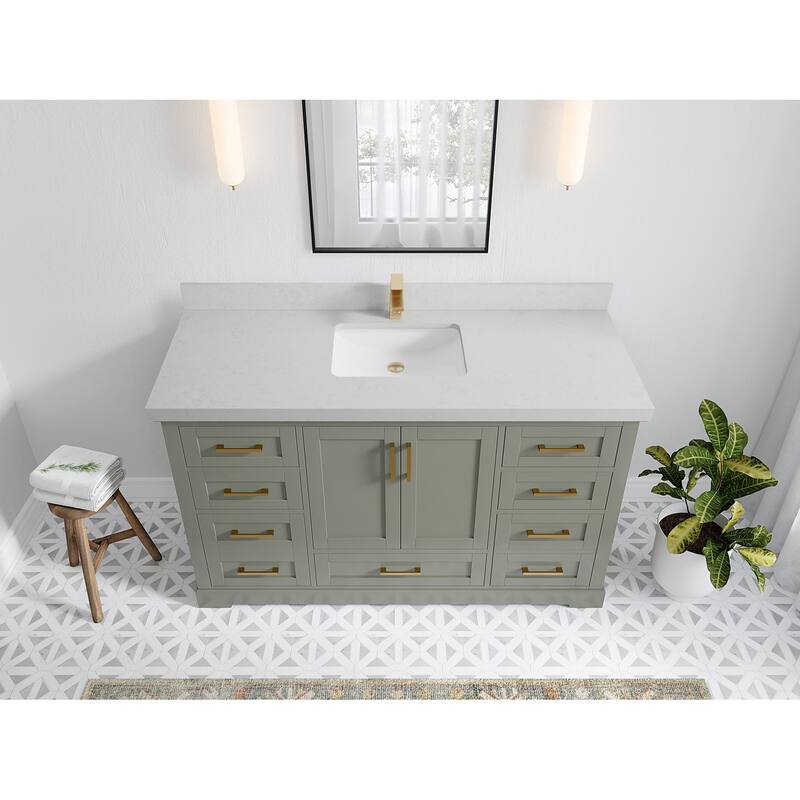 Willow Collection 60 in W x 22 in D x 36 in H Boston Single Bowl Sink Bathroom Vanity with Countertop - 2"Carrara Quartz - Evergreen