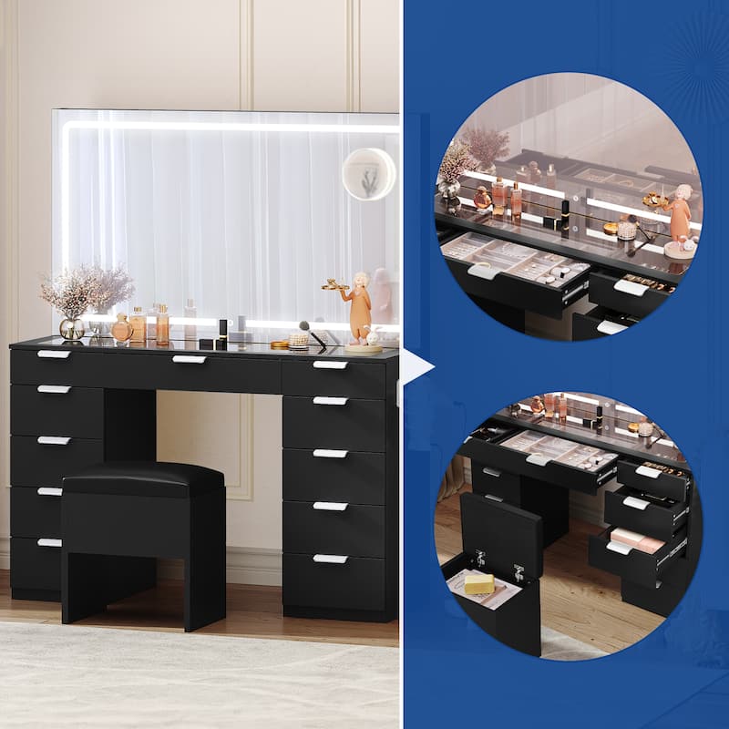 Moasis 55"Black Vanity Desk with Stool Lighted Mirror Makeup Table