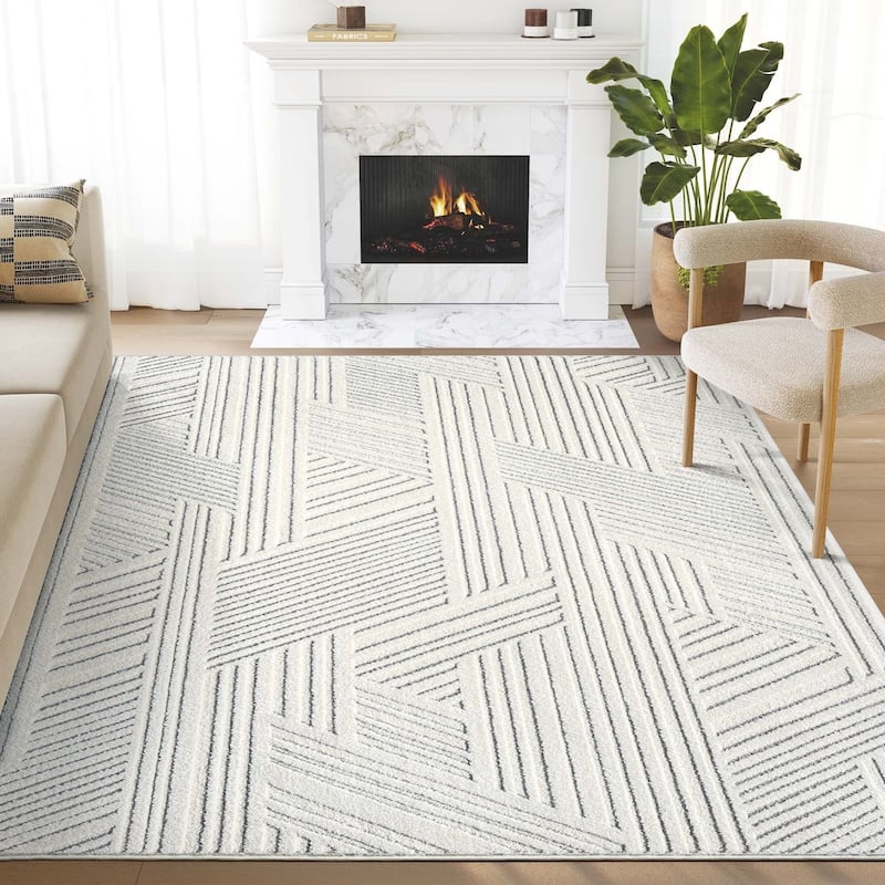 Abani Cozy COZ130A Modern Cream Grey Criss Cross Intertwined Lines Area Rug - 7'9" x 10'2"