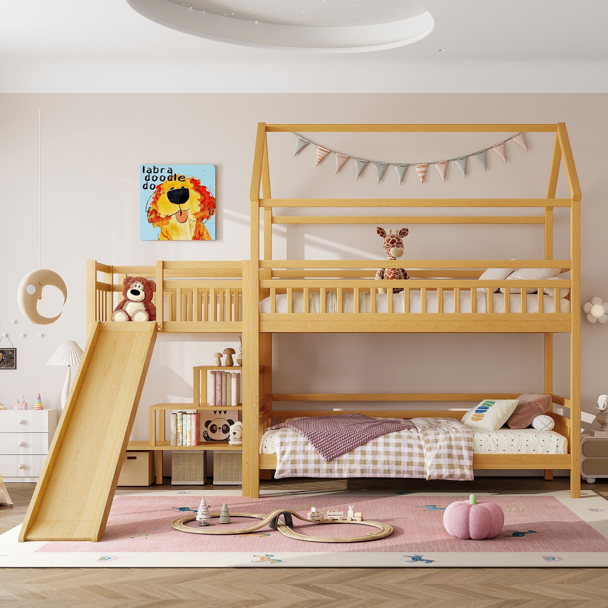 Roomfitters Wood House Bunk Bed, Slide & Storage Staircase, Modern Playhouse Bed Frame with Safety Design