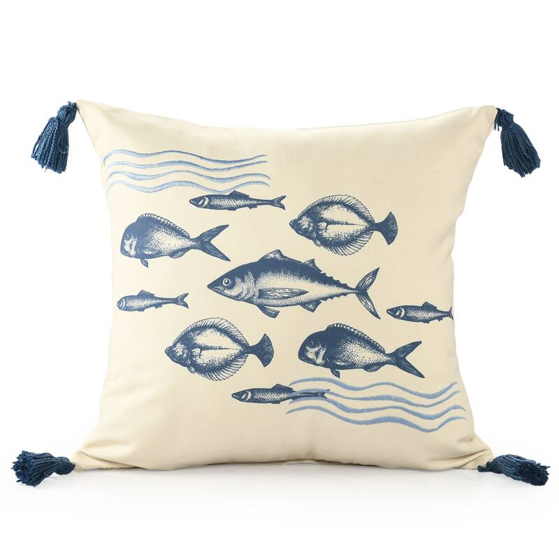 Sevita Denim Blue Coastal Fish-Patterned Polyester Throw Pillow, 20" x 20"