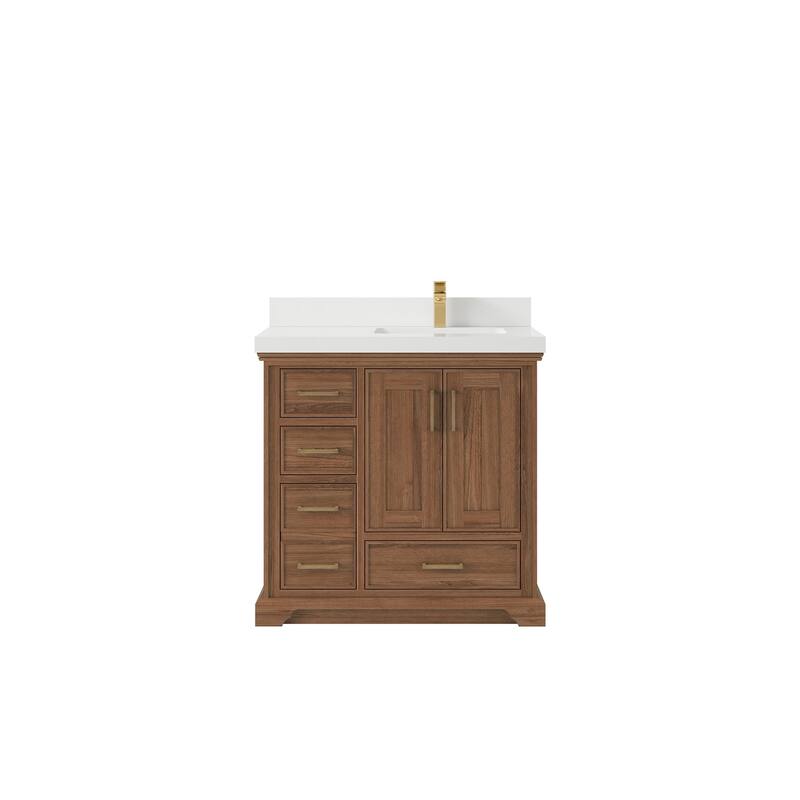 Willow Collections 36 in. W x 22 in. D Charlotte Teak Right Offset Sink Bathroom Solid Teak Vanity with Countertop - 2”White Quartz - Dark Natural