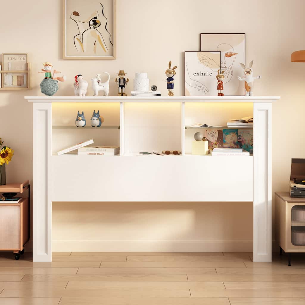 Queen Storage Headboard with USB Ports Display Cabinet Bookcase