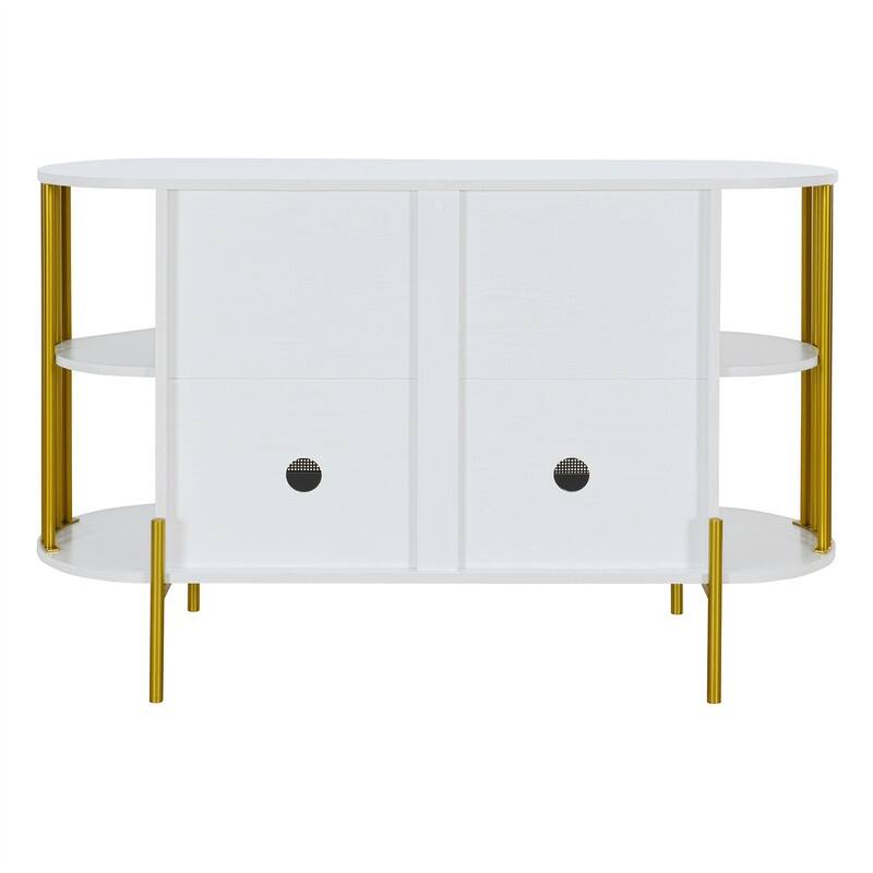 Elegant Curved Buffet Cabinet with 2 Woven Rattan Doors, Sideboard Accent Storage Cabinet with Storage Shelves & with Gold Trim