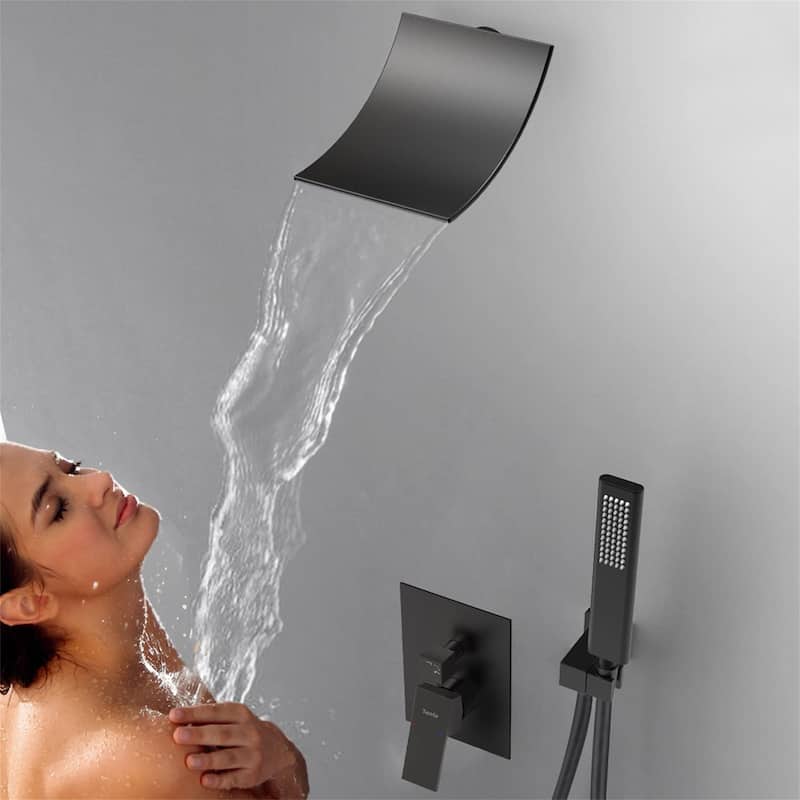Wall Mounted Tub Faucet with Hand Shower Waterfall Tub Filler Single Hnadle Bathtub Faucet Matte Black