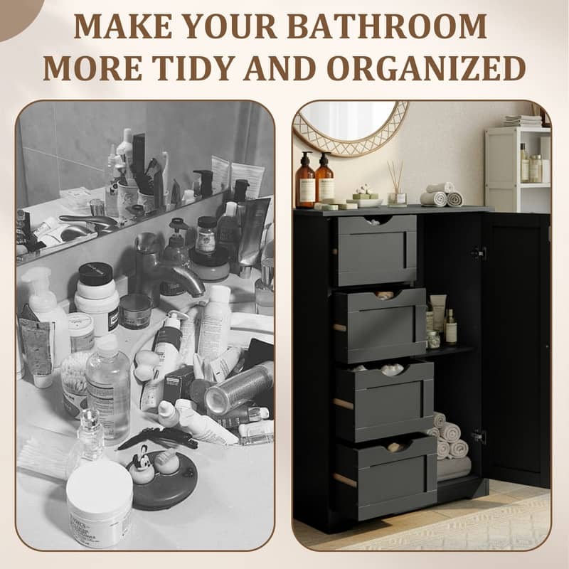 Black Bathroom Storage Cabinet with 4 Drawers and 1 Door