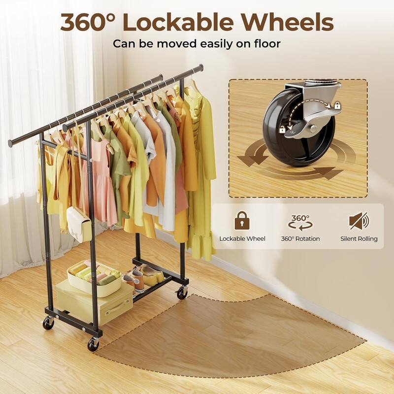 Double Rods Clothes Rack, Rolling Clothing Rack for Hanging