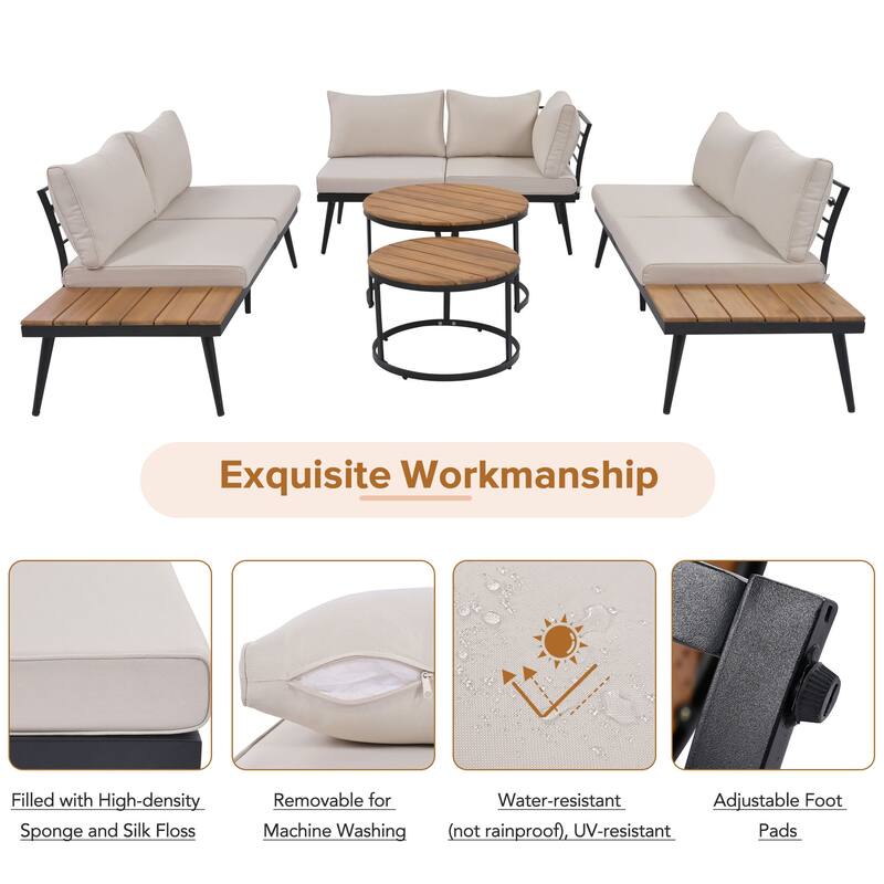 6-piece Acacia Wood Outdoor Sectional Sofa Set with Round Nesting Coffee Tables and Side Storage Shelf, Cushioned Seating