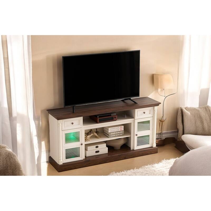70 Inch Farmhouse Fireplace TV Stand for TVs up to 80 Inches, Media Console with Roman Column Design and LED Lights