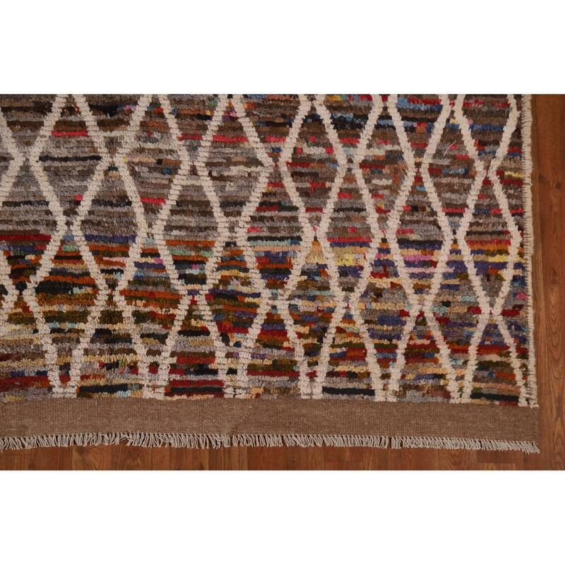 Hand Knotted Oriental 100% Wool Carpet Modern All-Over Black Moroccan Area Rug - 9' 7'' X 6' 3''