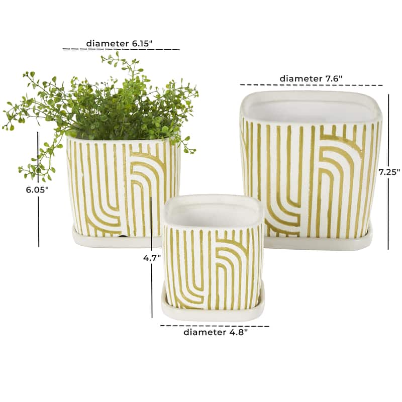 Ceramic Arched Patterned Indoor Outdoor Planter with Attached Saucer - Set of 3 Black, Green or Pink - Roche River Decor