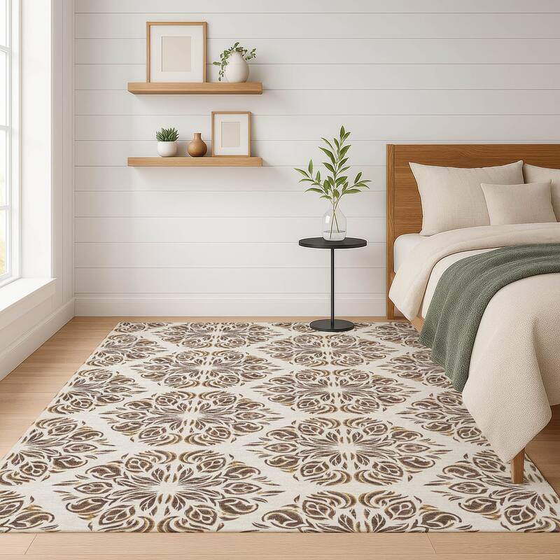 Machine Washable Indoor/ Outdoor Damask Pearl Chantille Rug