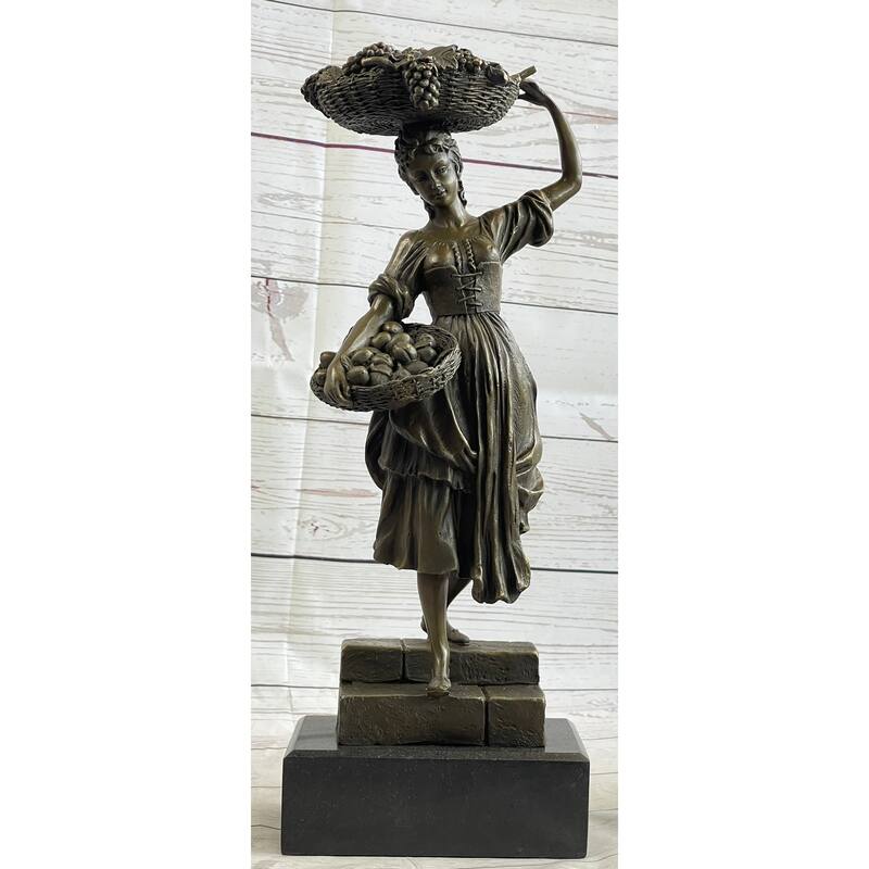 Farmer Girl Carrying Basket Of Fruits Bronze Statue Sculpture 15.5 Inches X 6 Inches