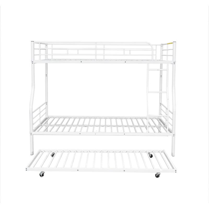 Metal Bunk Bed with Trundle and Guardrail, Convertible to Two Beds