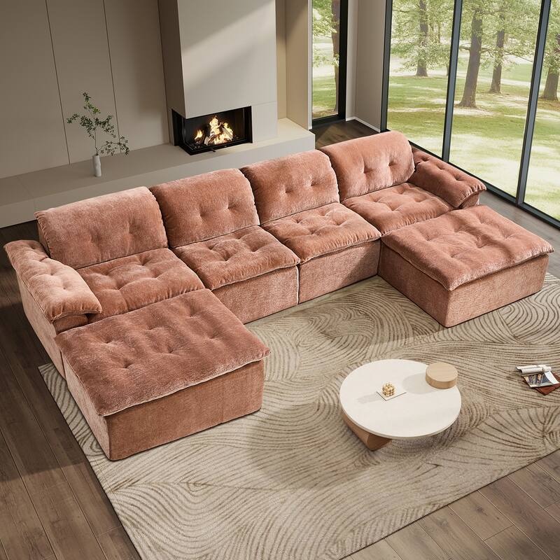 Rossetta 4-Seater Chenille Upholstery Modular Convertible Design Generous Seating Cushioned Sofa with 2 Versatile Ottomans