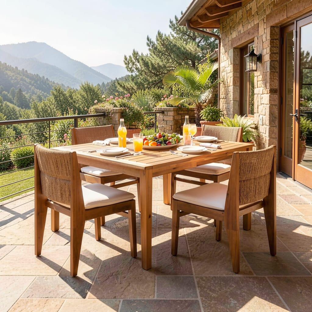 Christopher Knight Home - Modern Acacia Outdoor Dining Set with Cushioned Armless Chairs & 69" Dining Table with Umbrella Hole