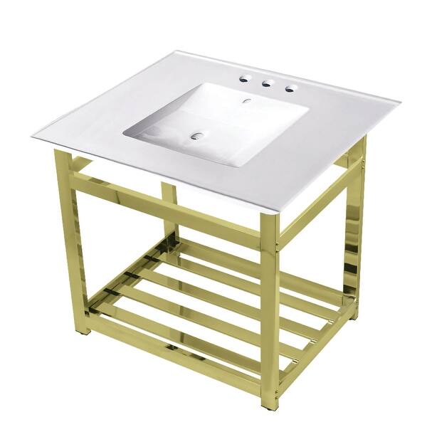 slide 1 of 1, Kingston Brass 31" Wide Ceramic Console Sink White / Polished Brass