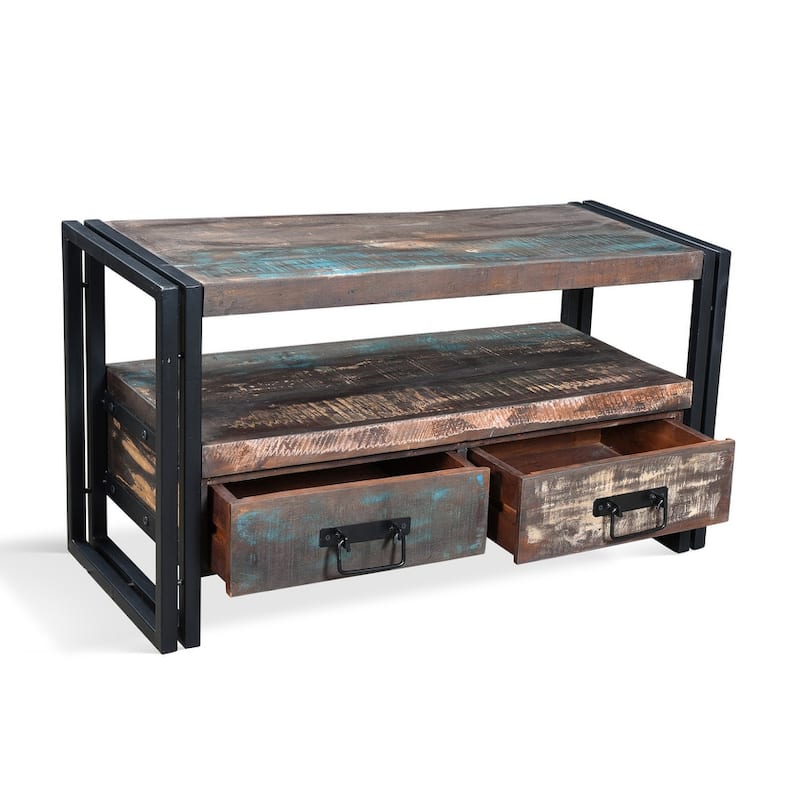 Handmade Old Reclaimed Wood TV Cabinet with Double Drawers (India) - 41" x 15.75" x 23.5"