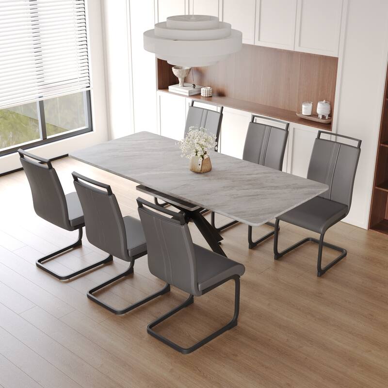Modern Dining Set with Rectangular Extendable Table & C-shaped Tube Soft Padded Armless Chairs
