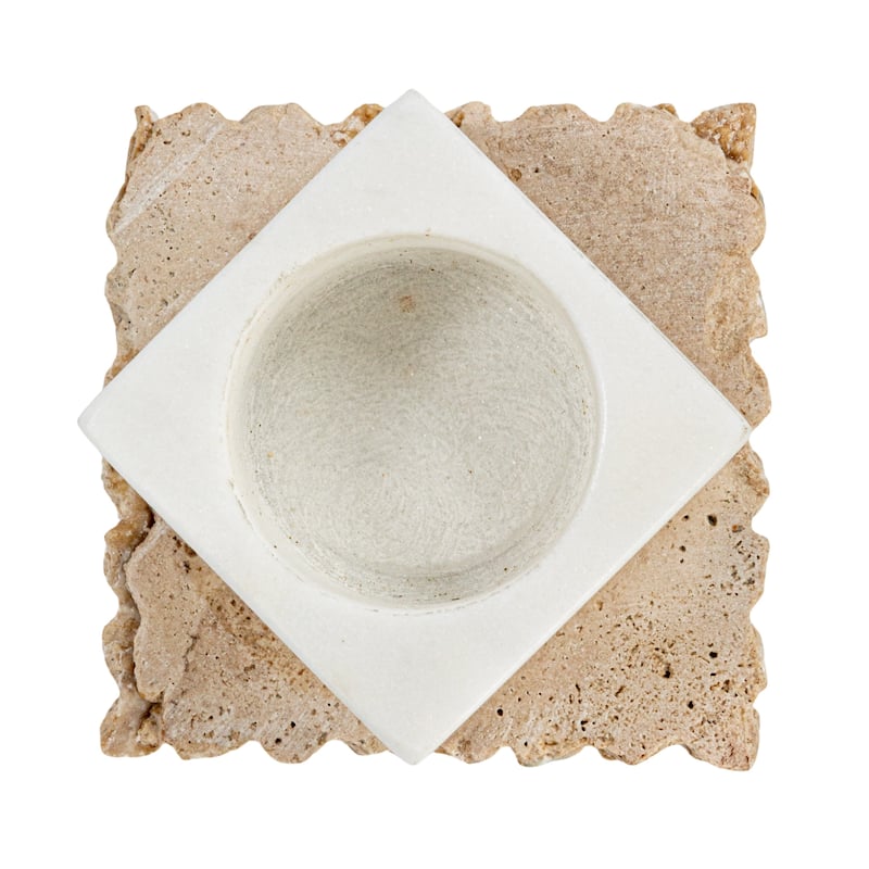 Decorative Marble and Travertine Candle Holder - 3.3"L x 3.3"W x 2.5"H