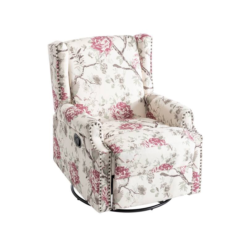 Patterned Linen Swivel Manual Push-Back Recliner Chair