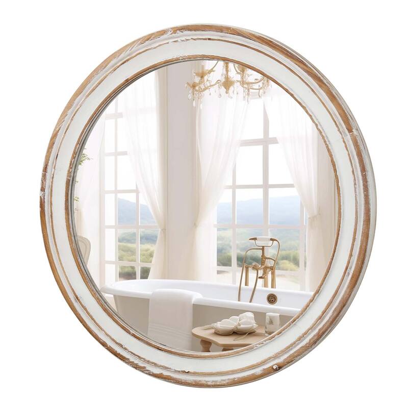 27.5 inches Round Wall Mirror for Bathroom Vanity, Wooden Farmhouse Circle Mirrors for Bedroom, Entryway, Living Room