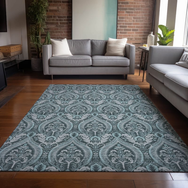 Machine Washable Indoor/ Outdoor Damask Chantille Rug - Teal - 2'6" x 3'10"