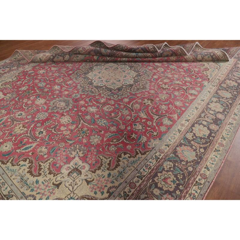 Hand Knotted Oriental 100% Wool Carpet Traditional Floral Pink Tabriz Area Rug - 12' 11'' X 9' 9''