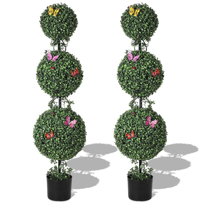 3 FT Artificial Double Ball Topiary Trees, Artificial Plants Outdoor with Vines & Insects Decoration, Set of 2 - 4 FT