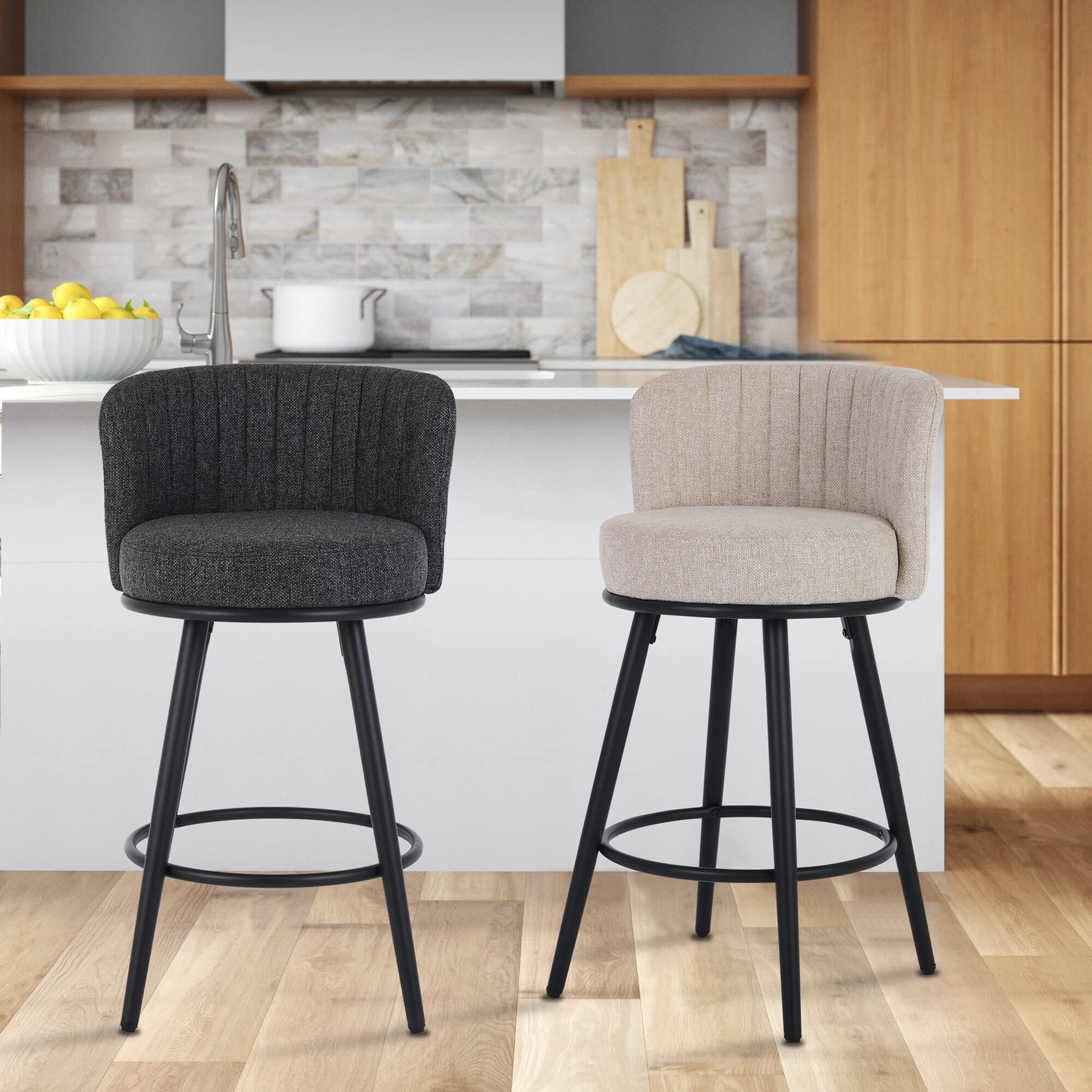 Stools Set of 2 27 Inches Seat Height Barstools Upholstered Linen Fabric Counter Height Stools as picture